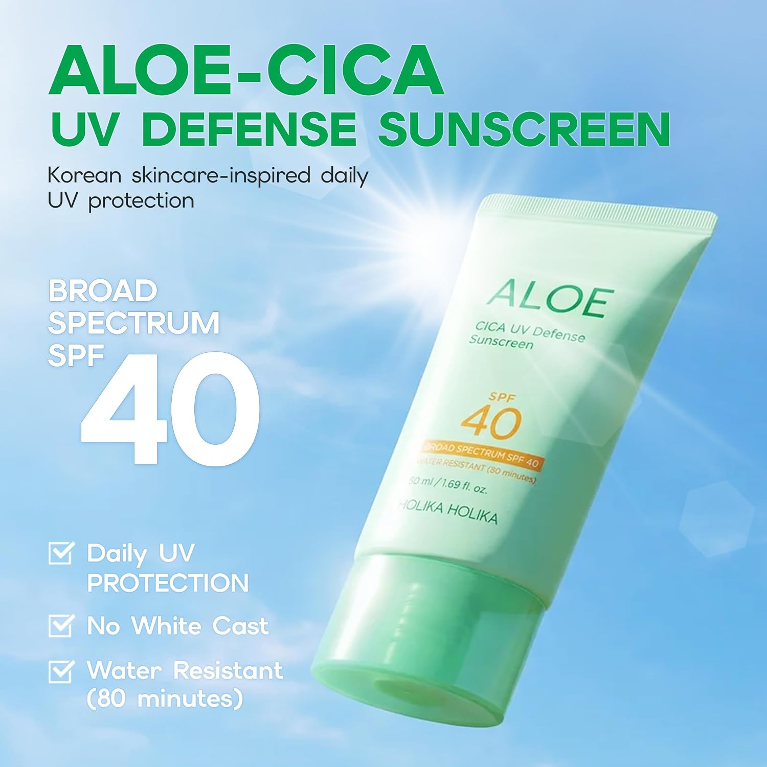 HOLIKA HOLIKA Aloe Cica UV Defense Sunscreen SPF 40 PA++++ – Lightweight Daily Face Sun Cream with Aloe & Centella for Sensitive Skin, Non-Greasy Hydrating Glow, Korean Skincare, 1.69 fl oz