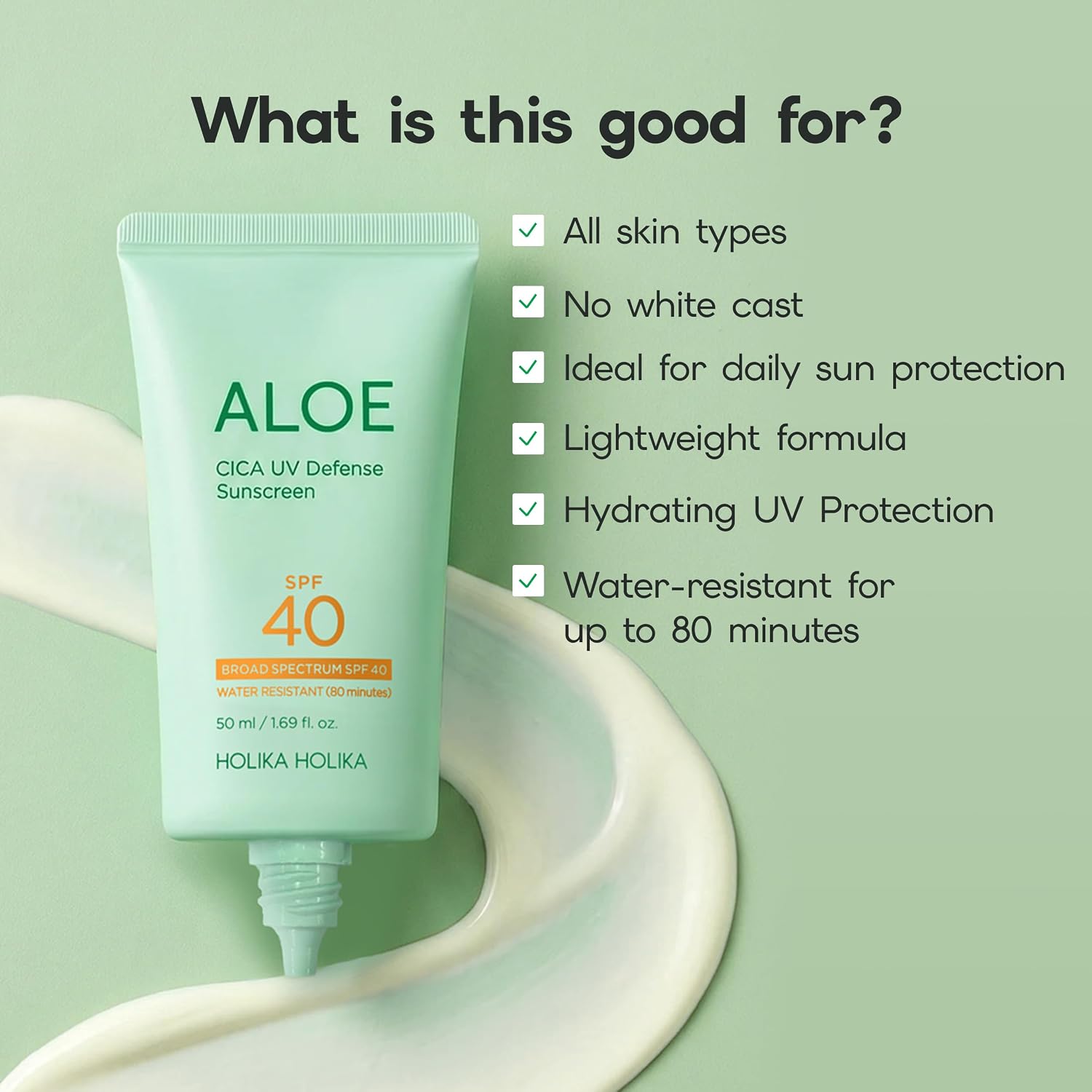 HOLIKA HOLIKA Aloe Cica UV Defense Sunscreen SPF 40 PA++++ – Lightweight Daily Face Sun Cream with Aloe & Centella for Sensitive Skin, Non-Greasy Hydrating Glow, Korean Skincare, 1.69 fl oz