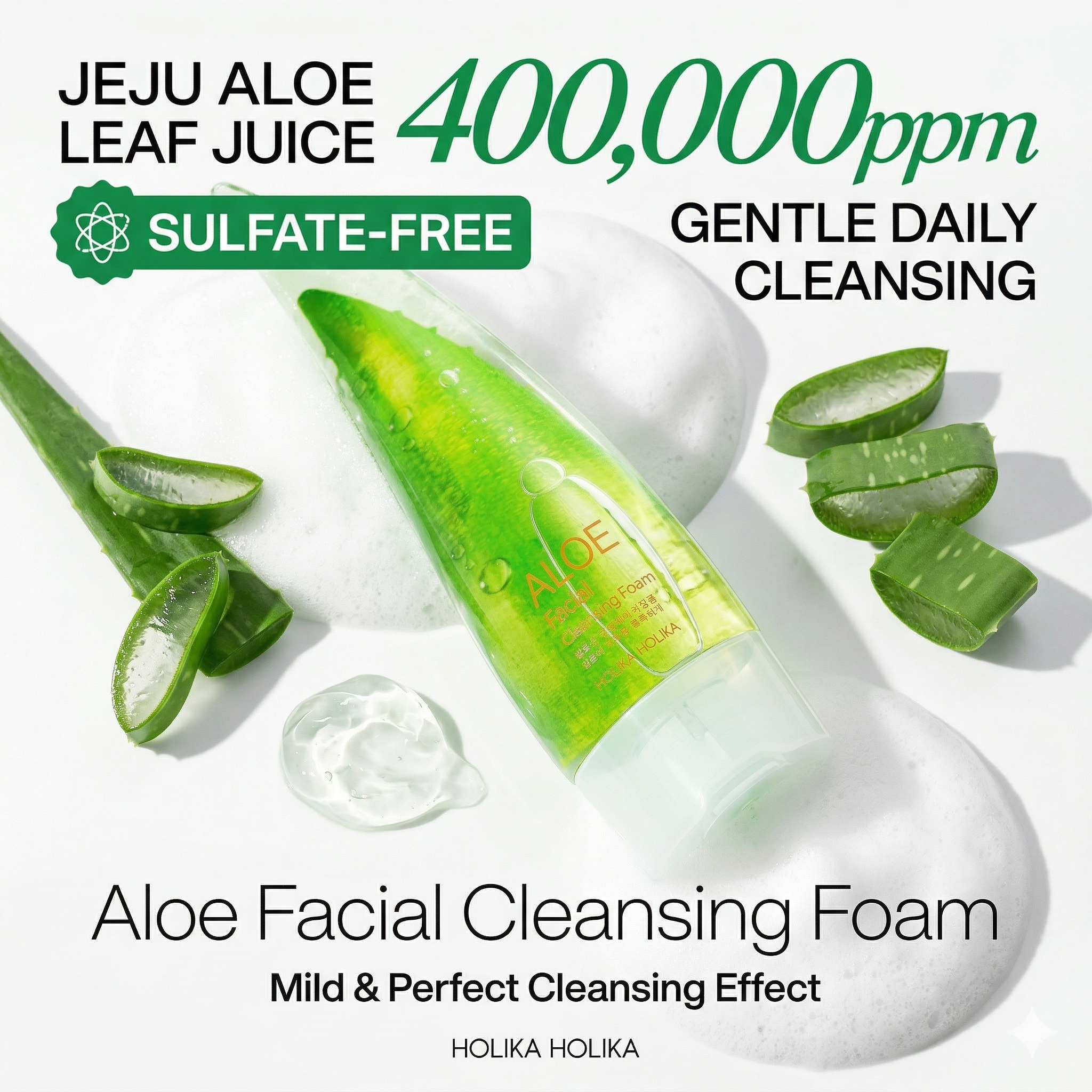 Holika Holika Aloe Facial Cleansing Foam - 5.07 fl.oz | Jeju Aloe Vera & Sulfate-Free
