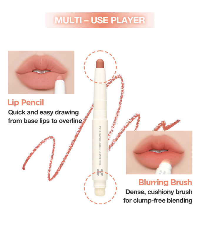 Lip pencil: Quick and easy drawing from base lips to overline.
Blurring brush: Dense, cushiony brush for clump-free blending.