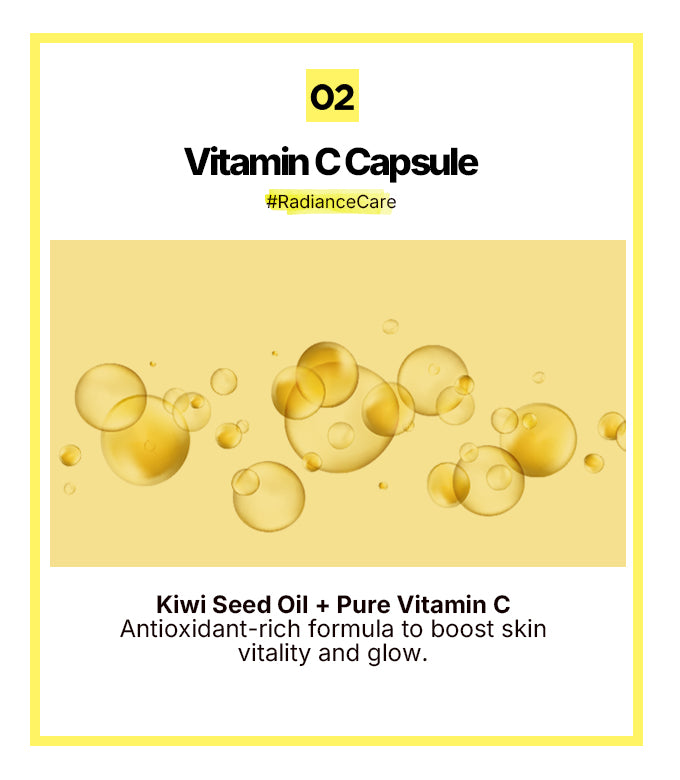 Kiwi seed oil + Pure vitamin c antioxidant-rich formula to boost skin vitality and glow.